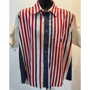 Vintage HUNT CLUB 90s Red White Blue Color Block Button-up Dad Shirt Mens Large